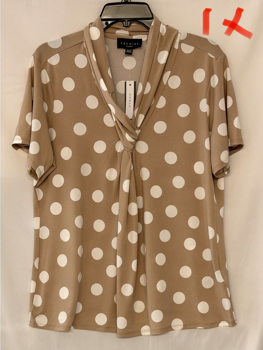 Premise Taupe Polka Dot Tie-Neck Blouse with White Dots